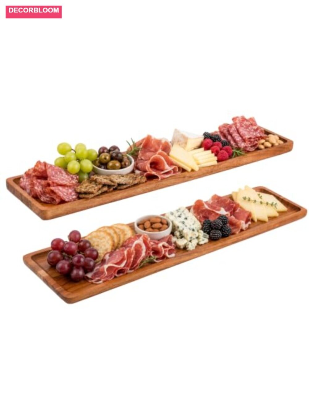 Acacia Wooden Serving Tray Set 2PC Rectangular Raised Edge Non Slip